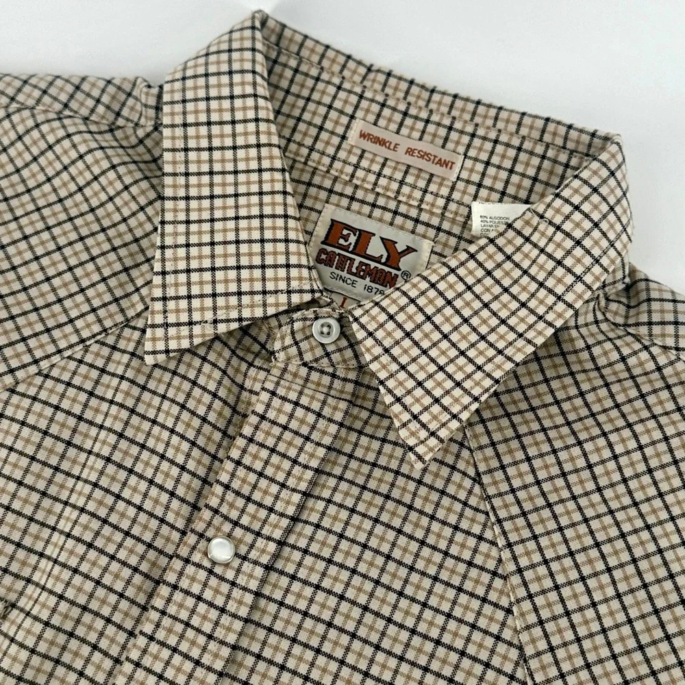 Ely Cattleman Shirt Men L Tan Plaid Regular Fit Western Pearl Snap Short Sleeve